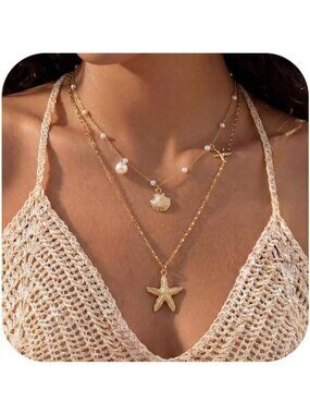Women's Shell Glod Plated Layered Pendan Dainty Coastal Charm Starfish Necklace